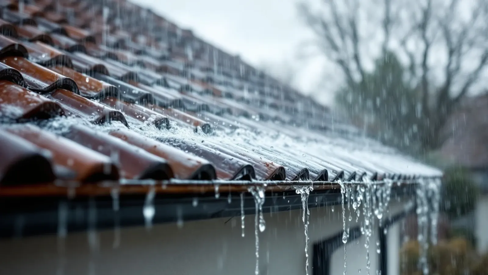 Pluie battante sur une toiture en tuiles mécaniques d'un pavillon d'Île-de-France