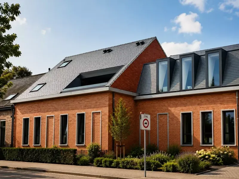 Toiture en tuiles et fenêtres de toit sur une maison de brique