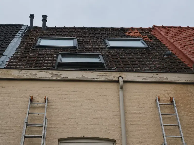 Deux échelles dressées contre une maison pour accéder à la toiture sans engin